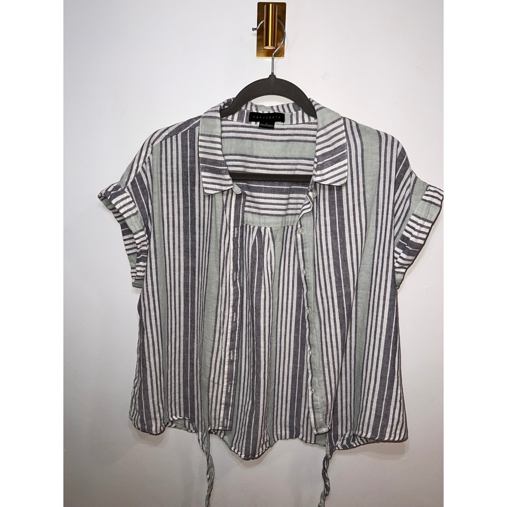 Sanctuary Striped Button Down Shirt Sage Green Grey Short Sleeve Tie Front Top